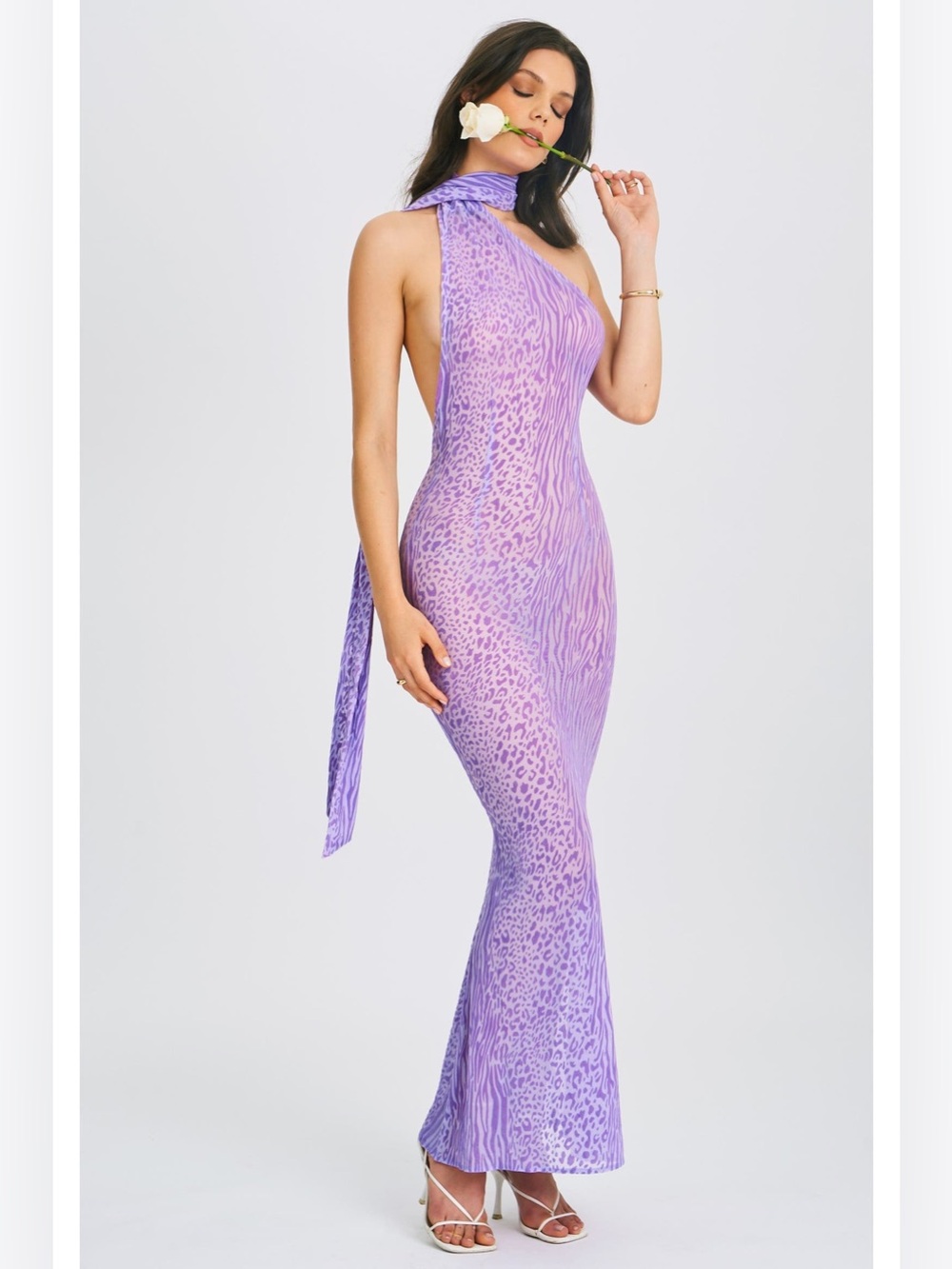 Miss Circle Olena Halter Neck Mesh Maxi Dress Purple Animal Print Size M
